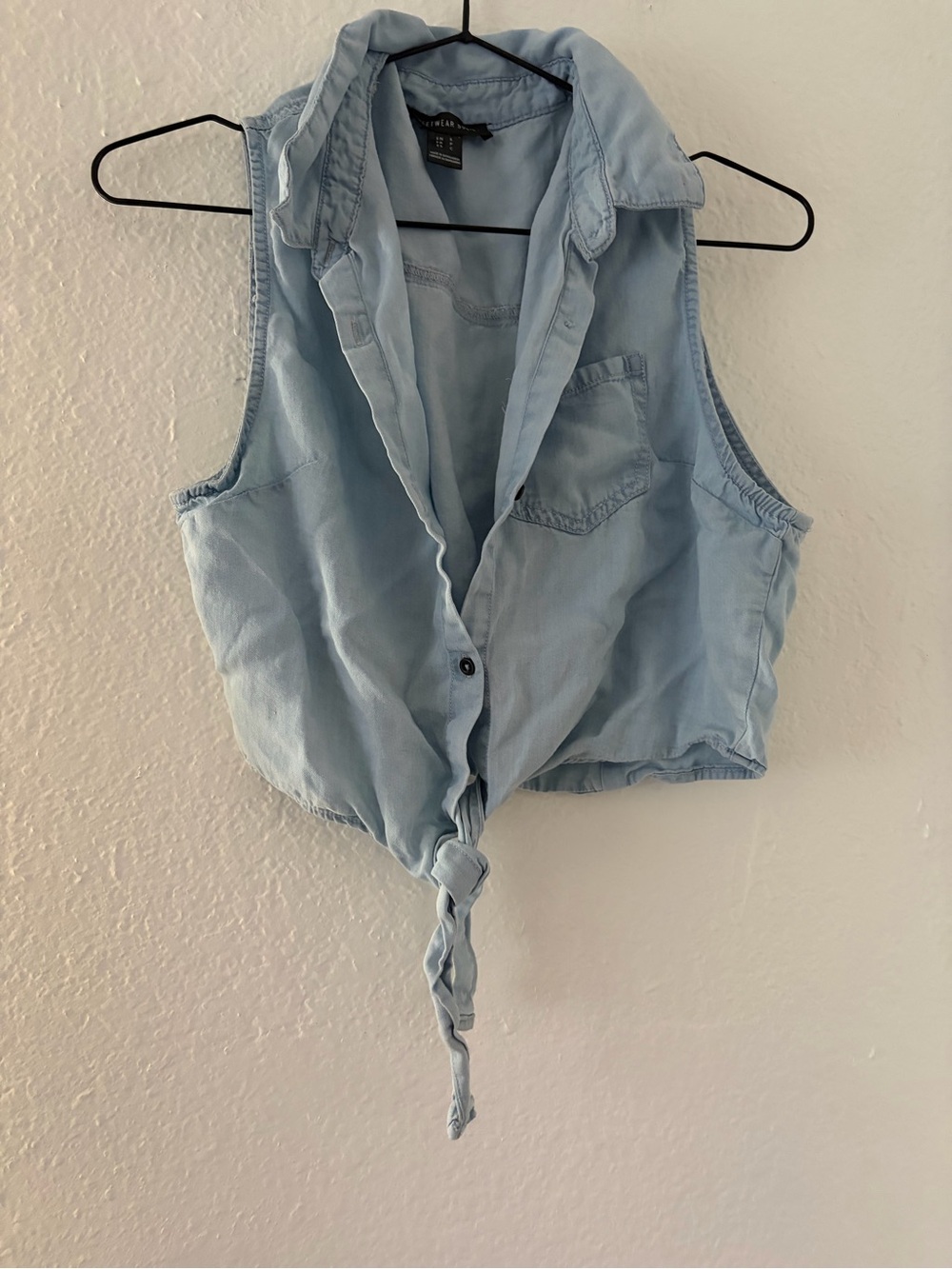 Light Blue Tie-Front Sleeveless Chambray Top -
